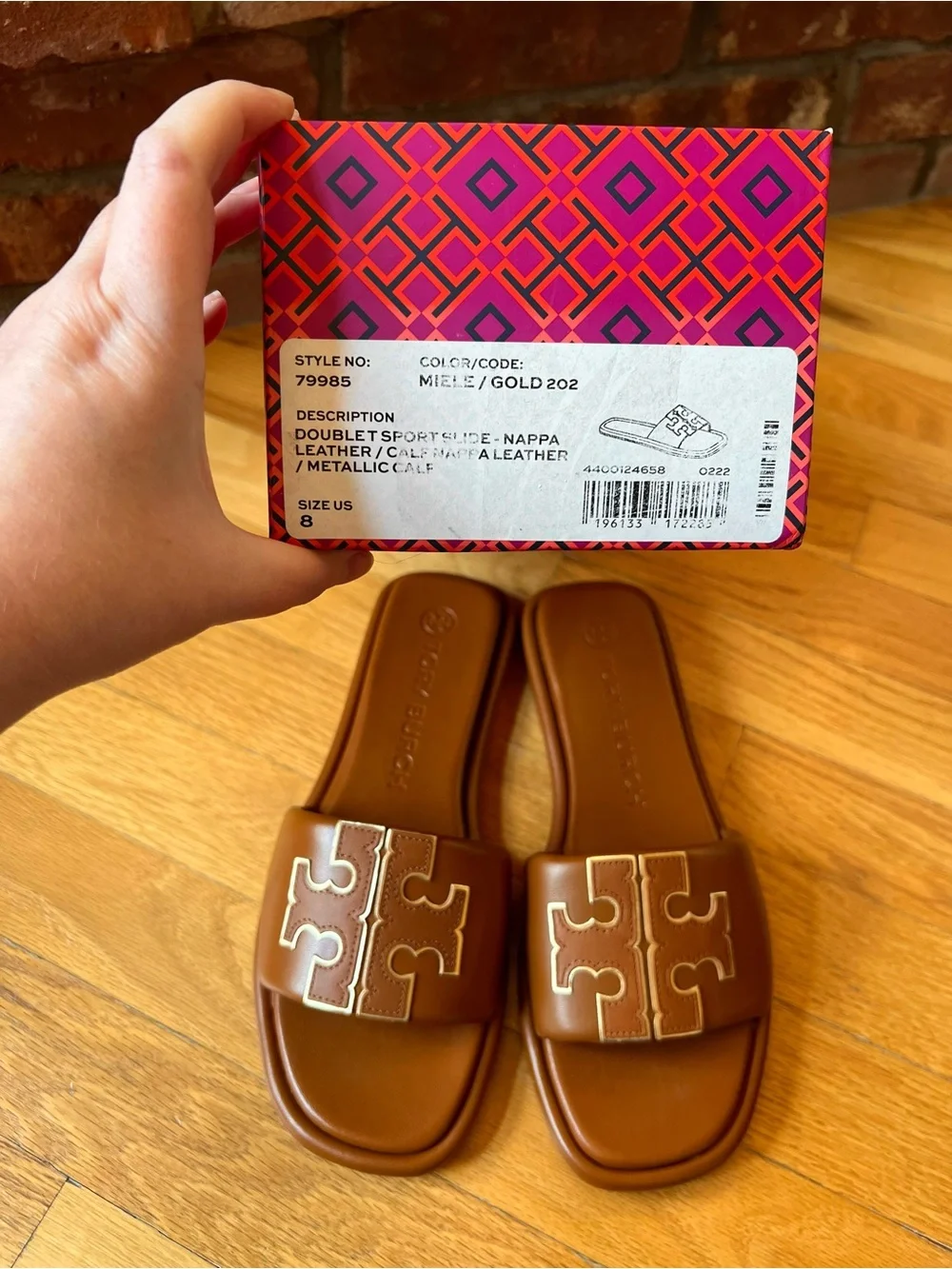 Tory Burch Tan Miele & Gold Leather Double T Sport Slide Sandals